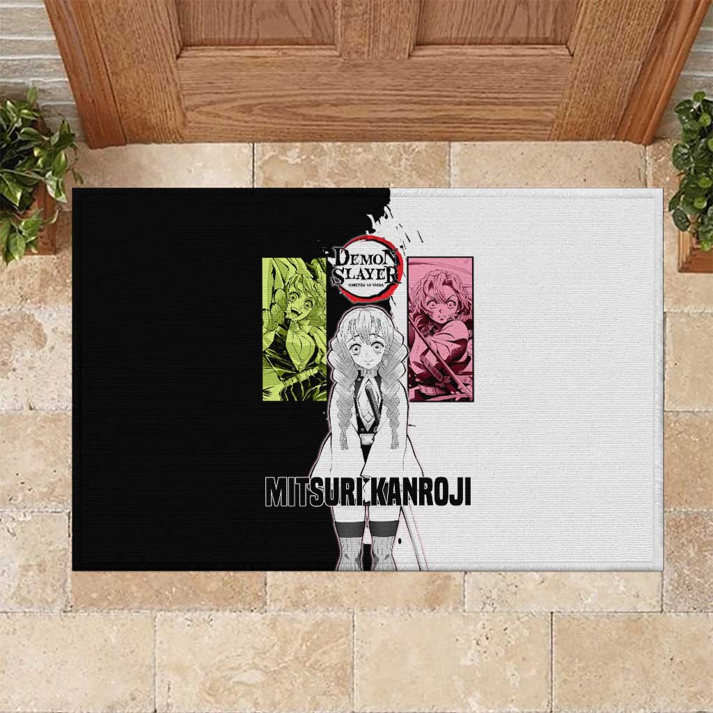 Mitsuri Kanroji from Demon Slayer Rubber Doormat with Black and White Split Background and Energetic Sword Pose Manga Style Design - The Mazicc