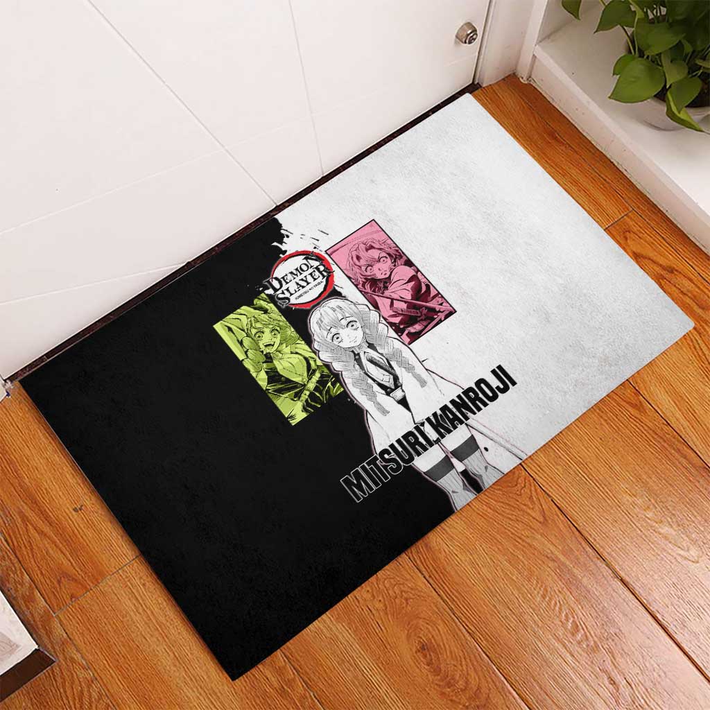 Mitsuri Kanroji from Demon Slayer Rubber Doormat with Black and White Split Background and Energetic Sword Pose Manga Style Design - The Mazicc