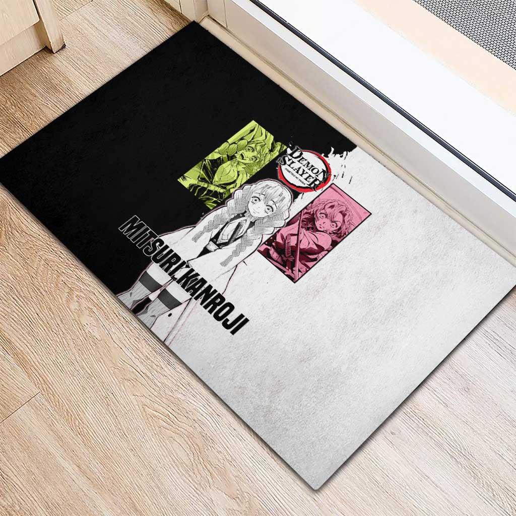 Mitsuri Kanroji from Demon Slayer Rubber Doormat with Black and White Split Background and Energetic Sword Pose Manga Style Design - The Mazicc