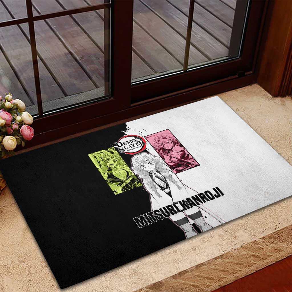 Mitsuri Kanroji from Demon Slayer Rubber Doormat with Black and White Split Background and Energetic Sword Pose Manga Style Design - The Mazicc