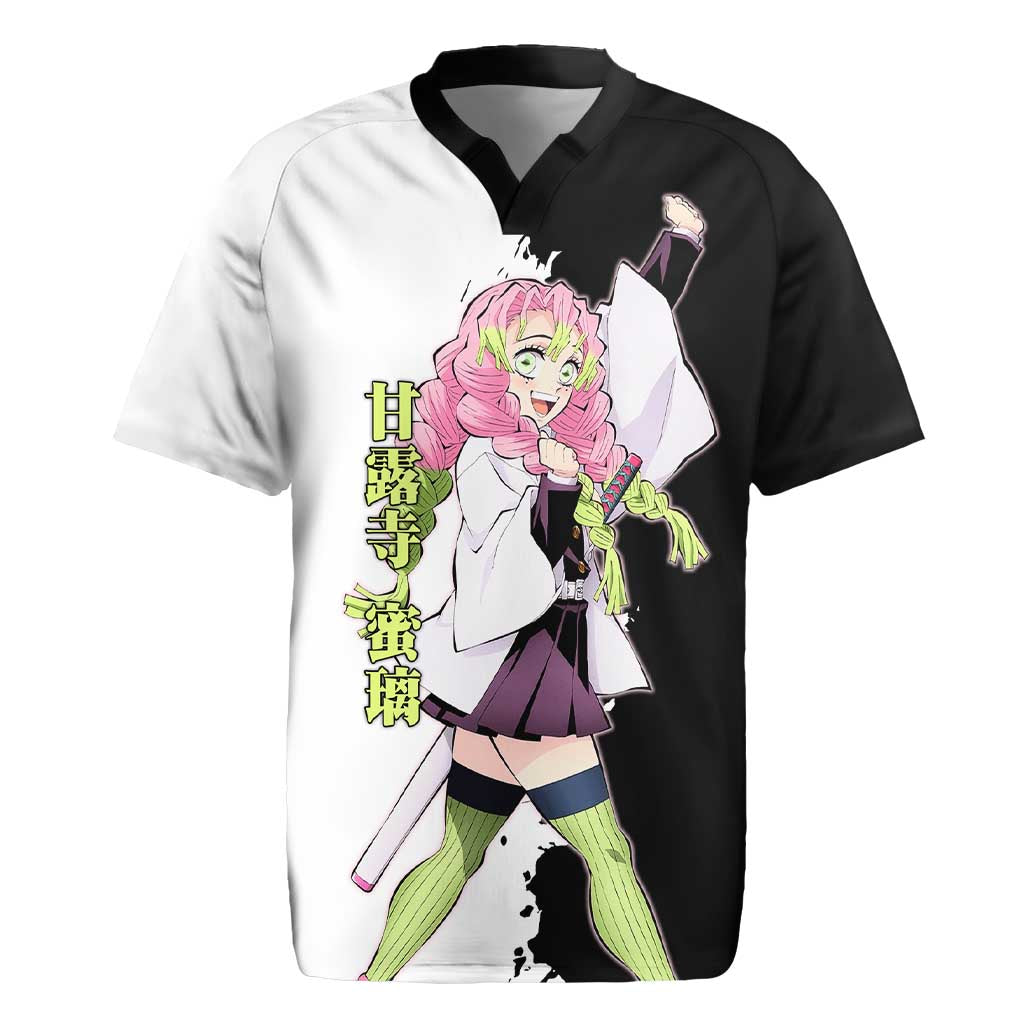 Mitsuri Kanroji from Demon Slayer Rugby Jersey with Black and White Split Background and Energetic Sword Pose Manga Style Design - The Mazicc
