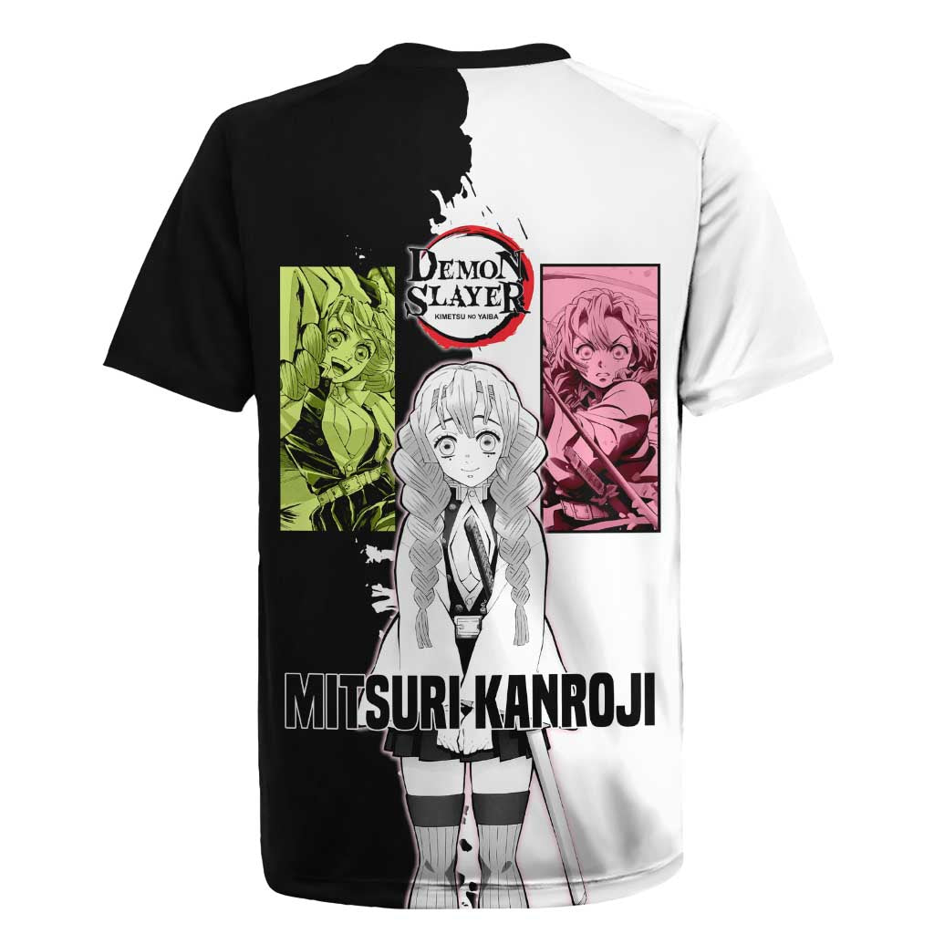 Mitsuri Kanroji from Demon Slayer Rugby Jersey with Black and White Split Background and Energetic Sword Pose Manga Style Design - The Mazicc