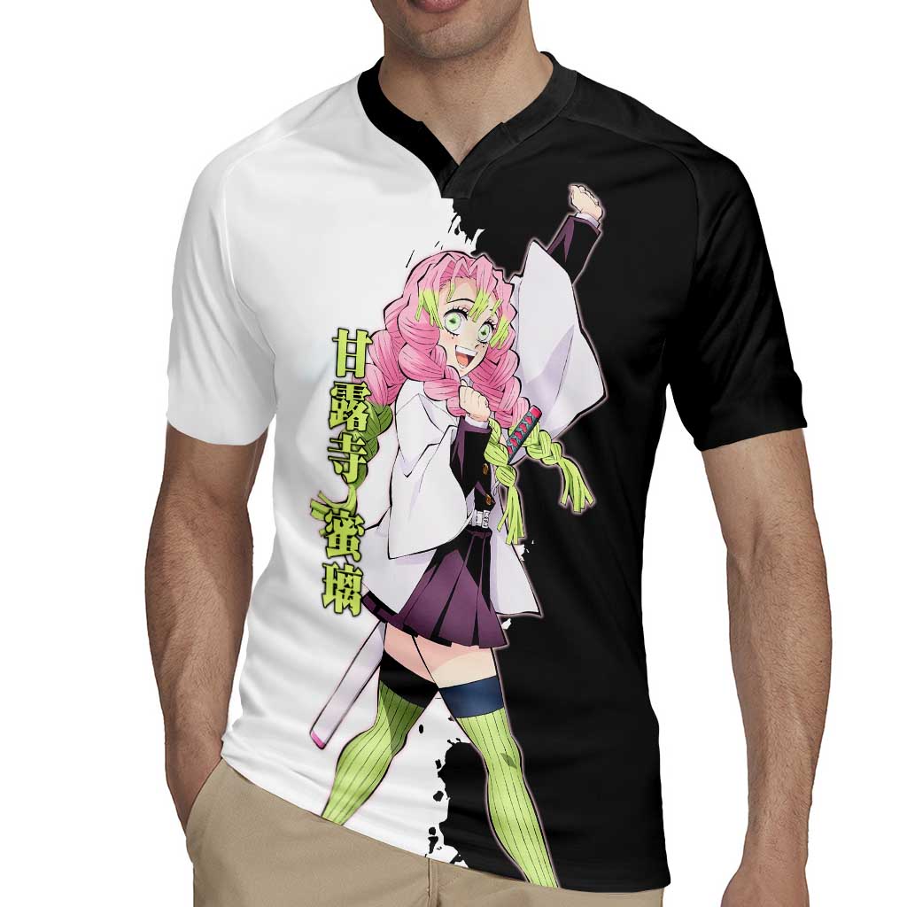 Mitsuri Kanroji from Demon Slayer Rugby Jersey with Black and White Split Background and Energetic Sword Pose Manga Style Design - The Mazicc