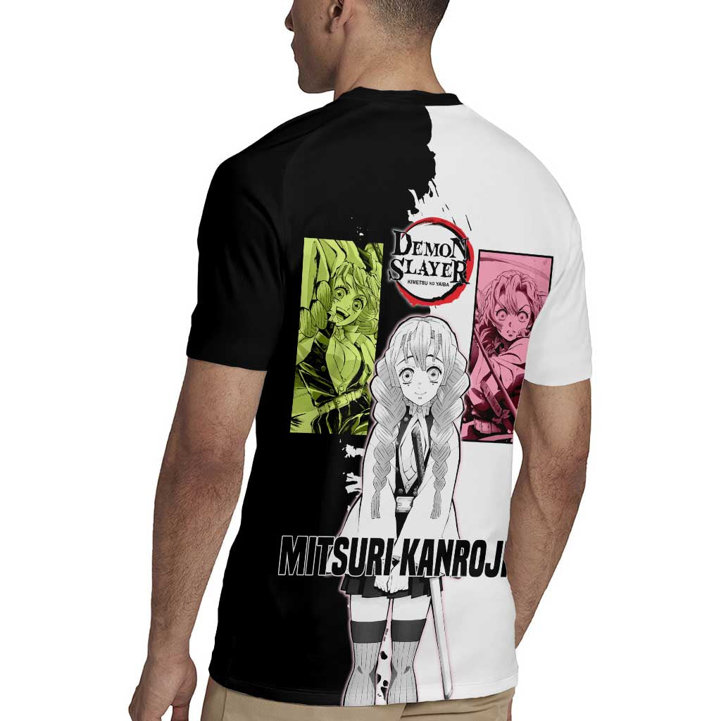 Mitsuri Kanroji from Demon Slayer Rugby Jersey with Black and White Split Background and Energetic Sword Pose Manga Style Design - The Mazicc