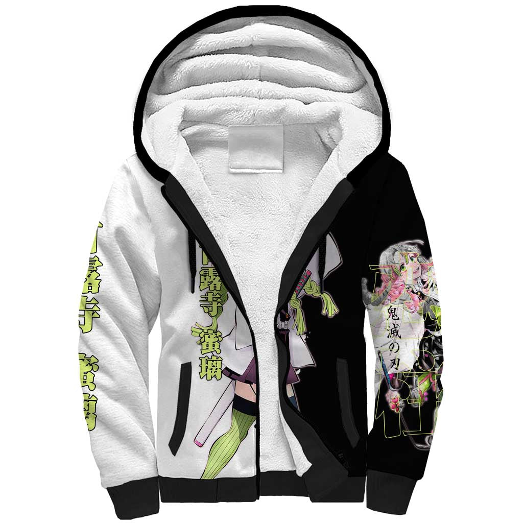 Mitsuri Kanroji from Demon Slayer Sherpa Hoodie with Black and White Split Background and Energetic Sword Pose Manga Style Design - The Mazicc
