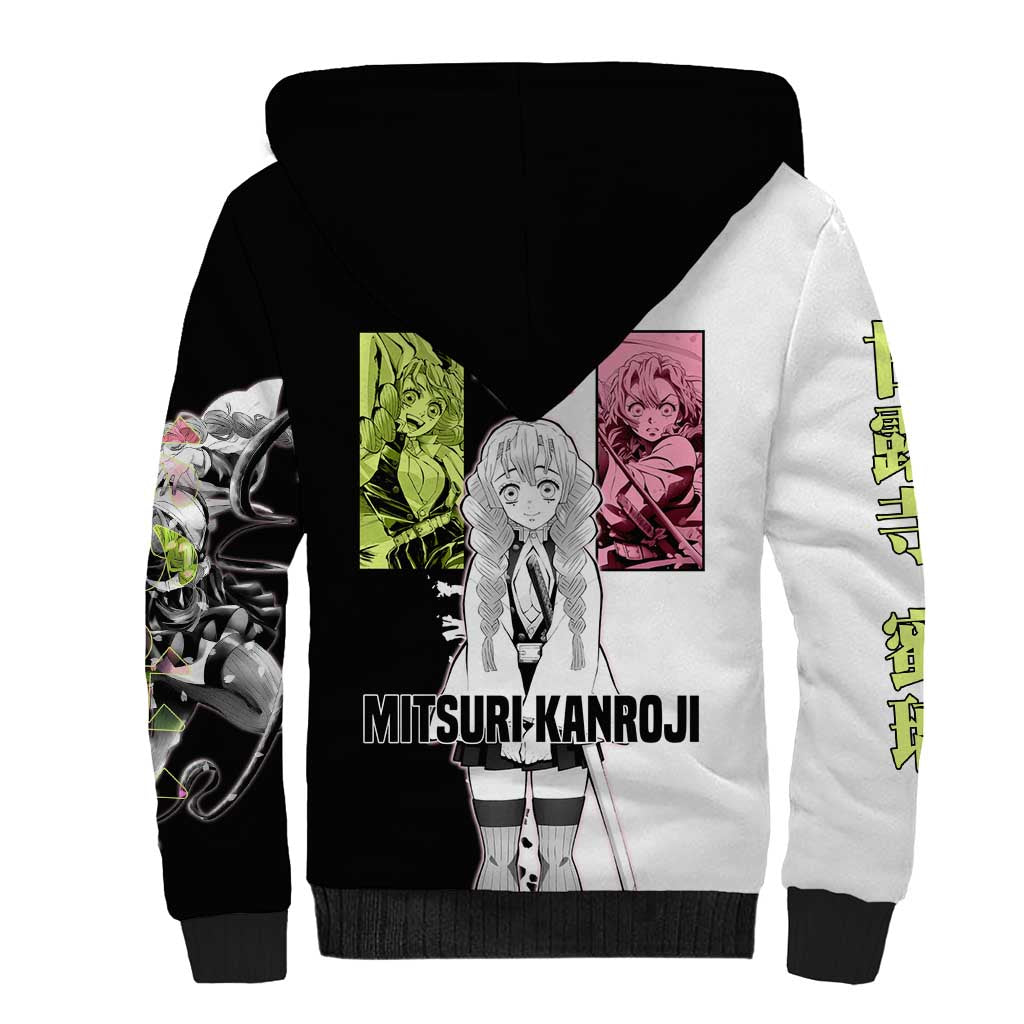 Mitsuri Kanroji from Demon Slayer Sherpa Hoodie with Black and White Split Background and Energetic Sword Pose Manga Style Design - The Mazicc