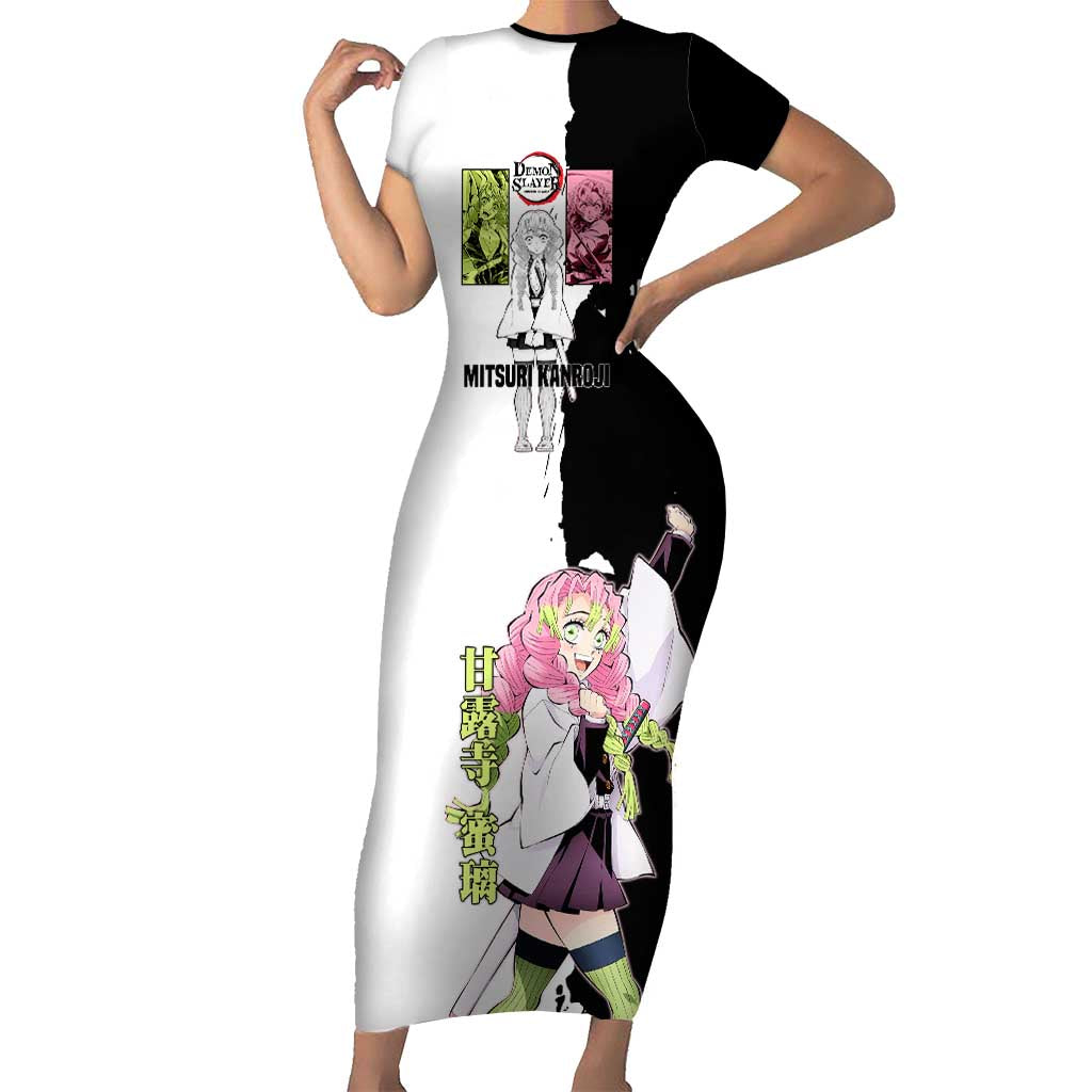 Mitsuri Kanroji from Demon Slayer Short Sleeve Bodycon Dress with Black and White Split Background and Energetic Sword Pose Manga Style Design - The Mazicc