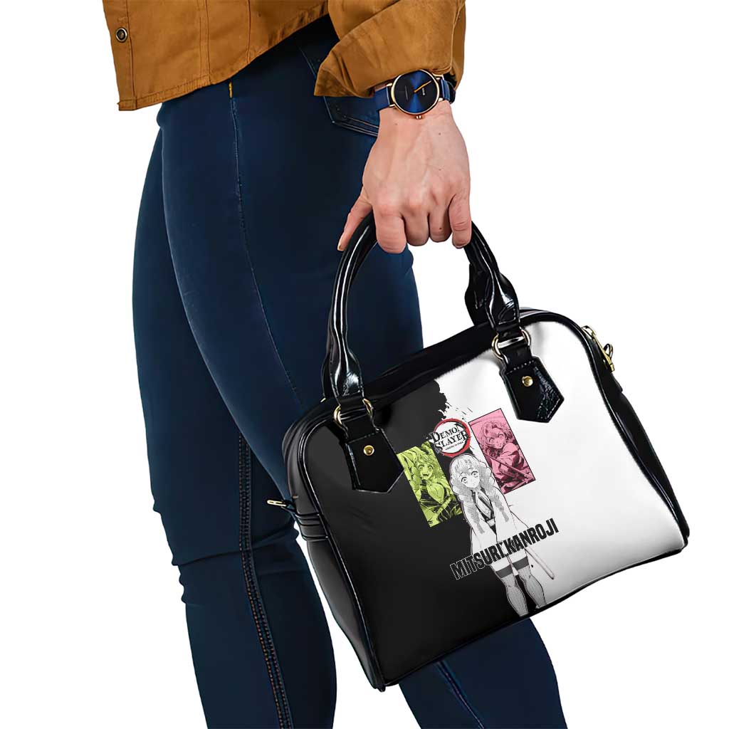Mitsuri Kanroji from Demon Slayer Shoulder Handbag with Black and White Split Background and Energetic Sword Pose Manga Style Design - The Mazicc