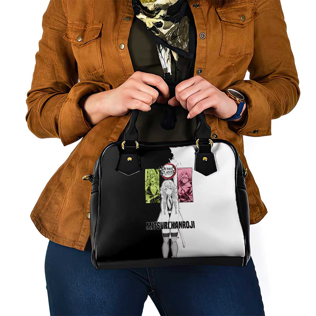 Mitsuri Kanroji from Demon Slayer Shoulder Handbag with Black and White Split Background and Energetic Sword Pose Manga Style Design - The Mazicc