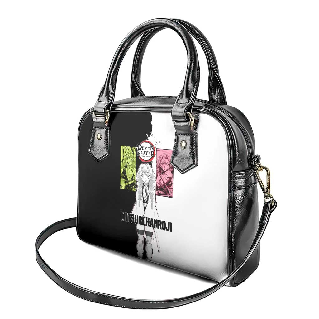 Mitsuri Kanroji from Demon Slayer Shoulder Handbag with Black and White Split Background and Energetic Sword Pose Manga Style Design - The Mazicc