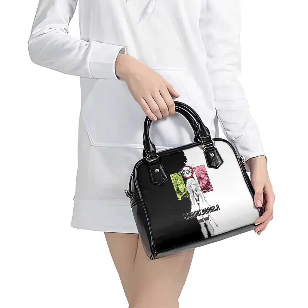 Mitsuri Kanroji from Demon Slayer Shoulder Handbag with Black and White Split Background and Energetic Sword Pose Manga Style Design - The Mazicc