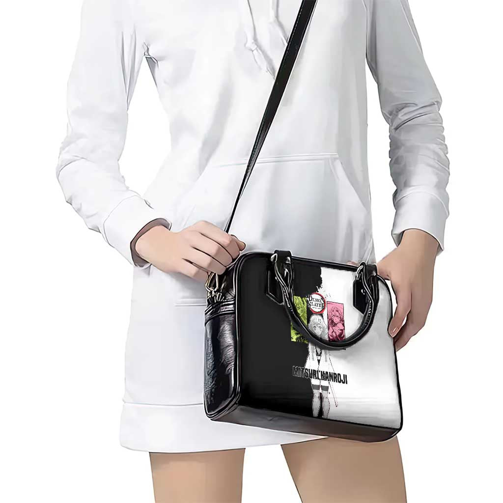 Mitsuri Kanroji from Demon Slayer Shoulder Handbag with Black and White Split Background and Energetic Sword Pose Manga Style Design - The Mazicc