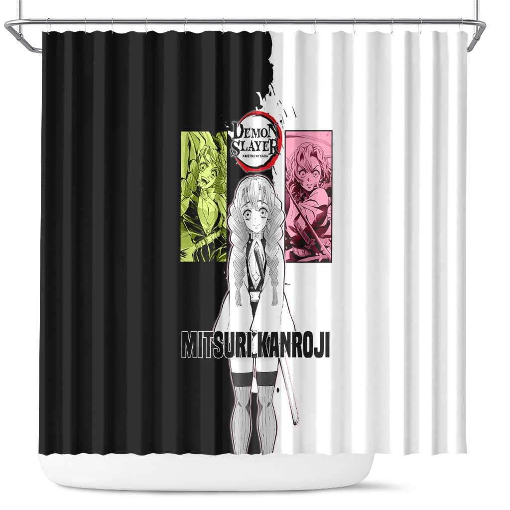 Mitsuri Kanroji from Demon Slayer Shower Curtain with Black and White Split Background and Energetic Sword Pose Manga Style Design - The Mazicc