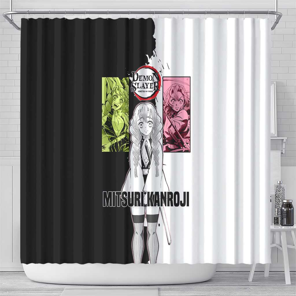 Mitsuri Kanroji from Demon Slayer Shower Curtain with Black and White Split Background and Energetic Sword Pose Manga Style Design - The Mazicc