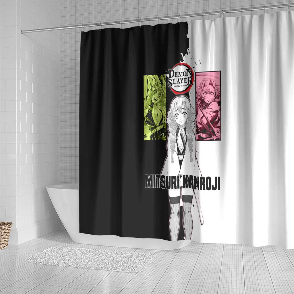 Mitsuri Kanroji from Demon Slayer Shower Curtain with Black and White Split Background and Energetic Sword Pose Manga Style Design - The Mazicc