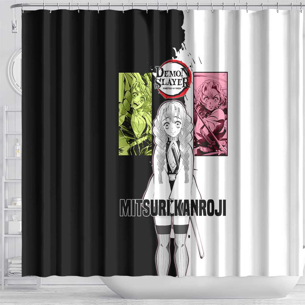 Mitsuri Kanroji from Demon Slayer Shower Curtain with Black and White Split Background and Energetic Sword Pose Manga Style Design - The Mazicc