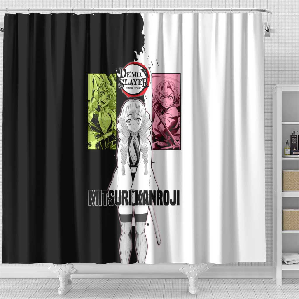 Mitsuri Kanroji from Demon Slayer Shower Curtain with Black and White Split Background and Energetic Sword Pose Manga Style Design - The Mazicc