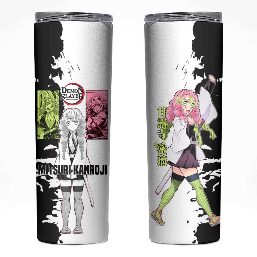 Mitsuri Kanroji from Demon Slayer Skinny Tumbler with Black and White Split Background and Energetic Sword Pose Manga Style Design - The Mazicc