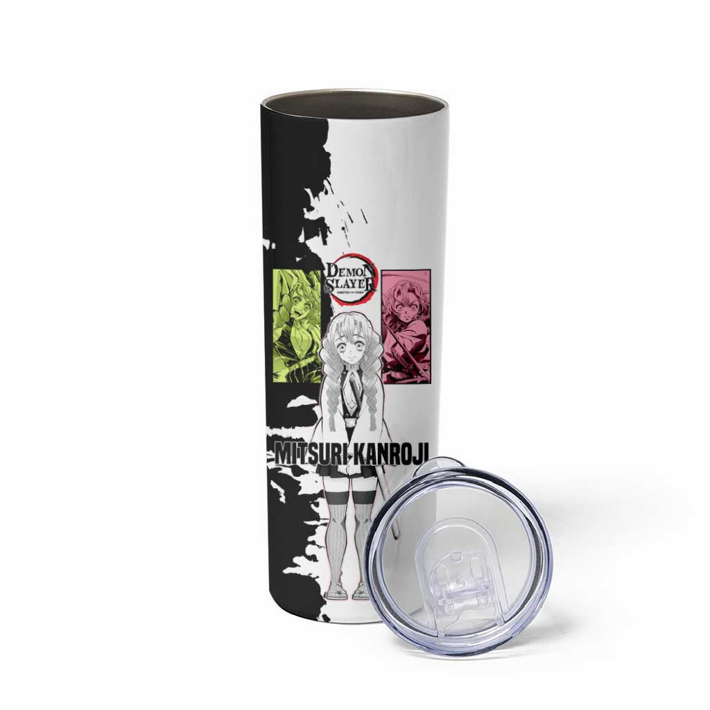 Mitsuri Kanroji from Demon Slayer Skinny Tumbler with Black and White Split Background and Energetic Sword Pose Manga Style Design - The Mazicc
