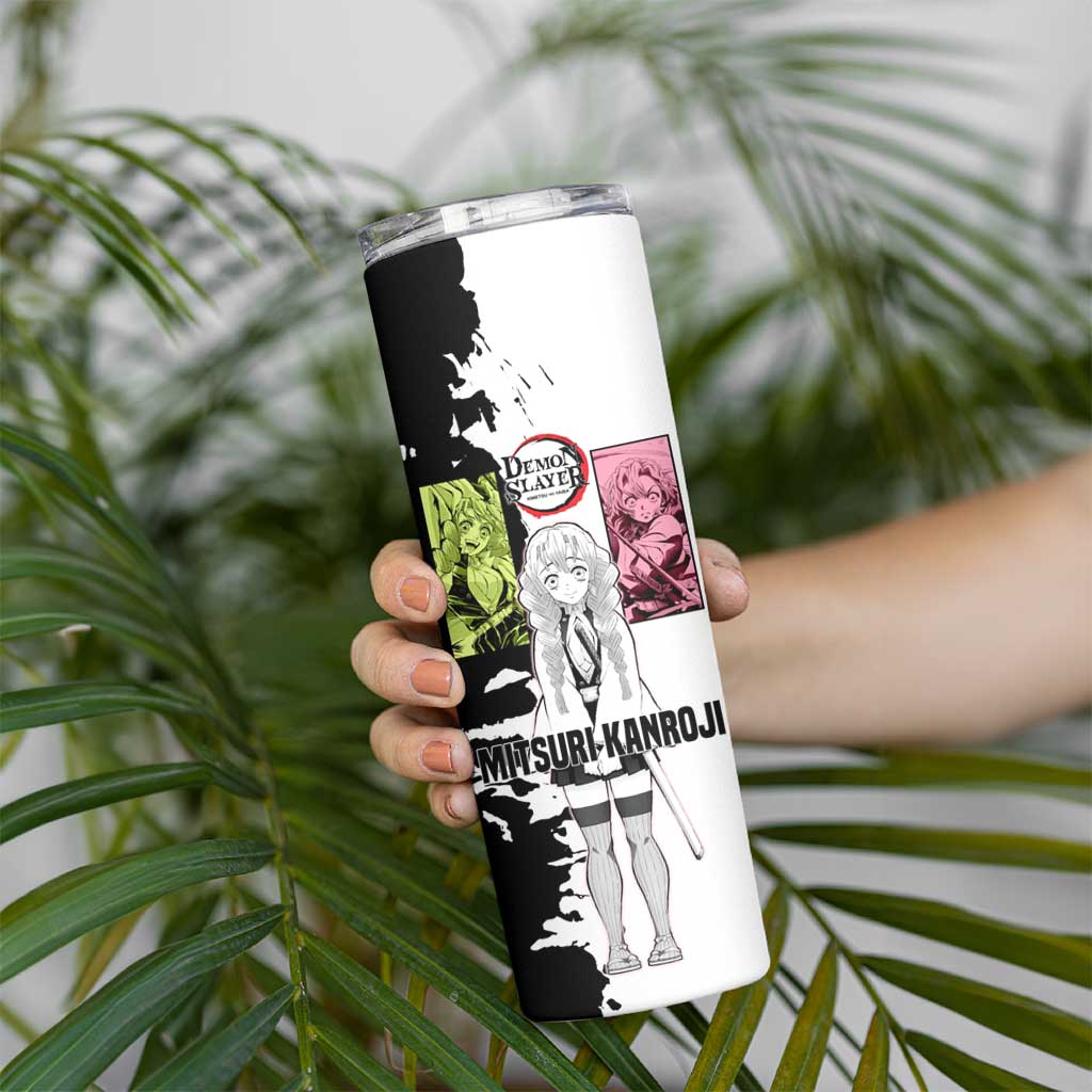 Mitsuri Kanroji from Demon Slayer Skinny Tumbler with Black and White Split Background and Energetic Sword Pose Manga Style Design - The Mazicc