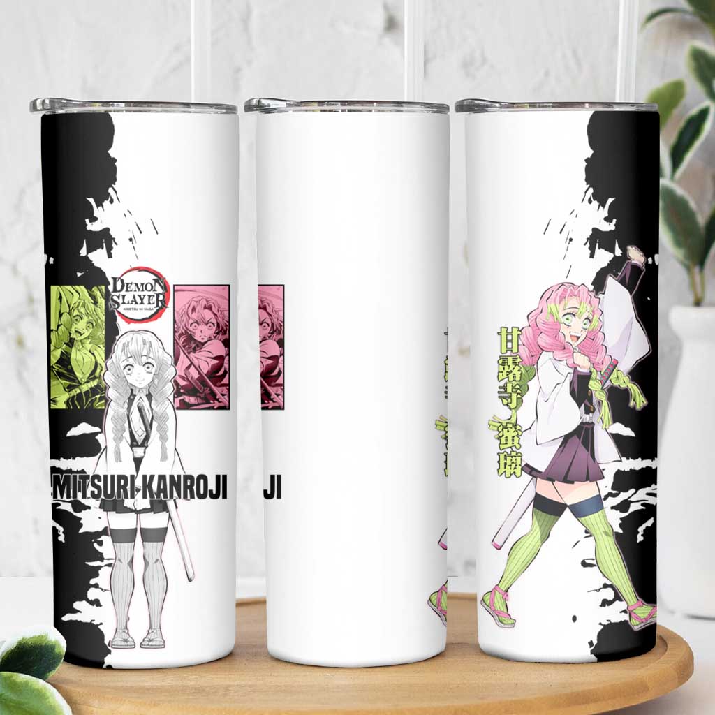 Mitsuri Kanroji from Demon Slayer Skinny Tumbler with Black and White Split Background and Energetic Sword Pose Manga Style Design - The Mazicc