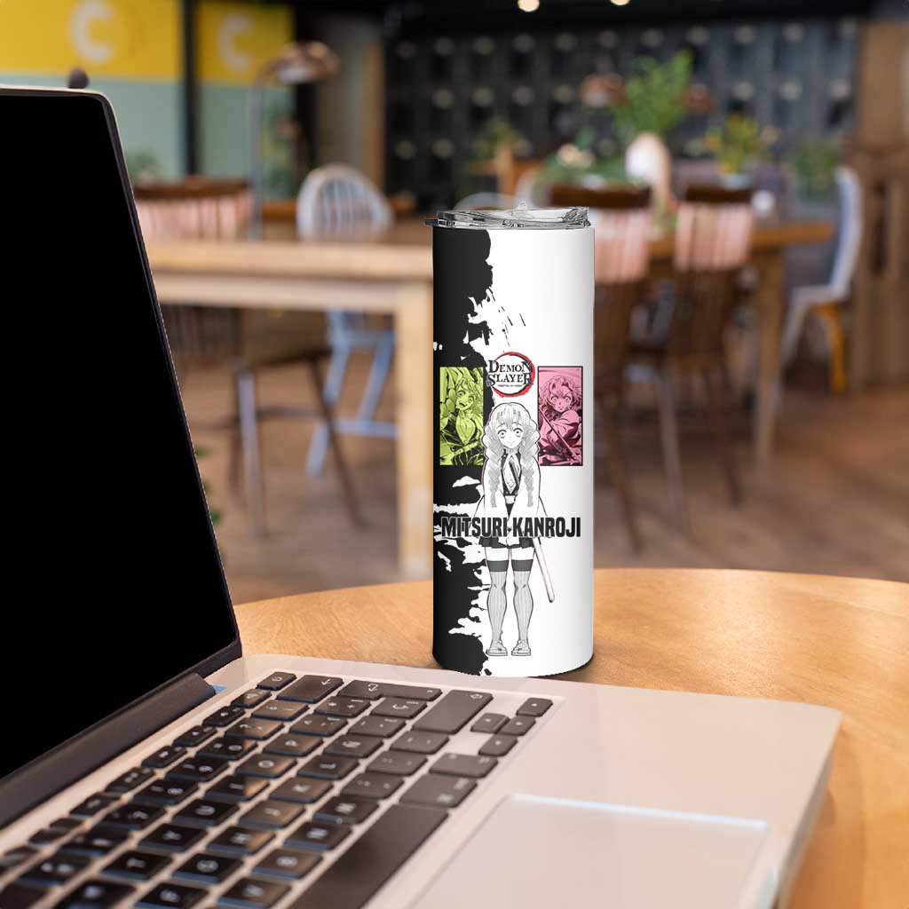 Mitsuri Kanroji from Demon Slayer Skinny Tumbler with Black and White Split Background and Energetic Sword Pose Manga Style Design - The Mazicc