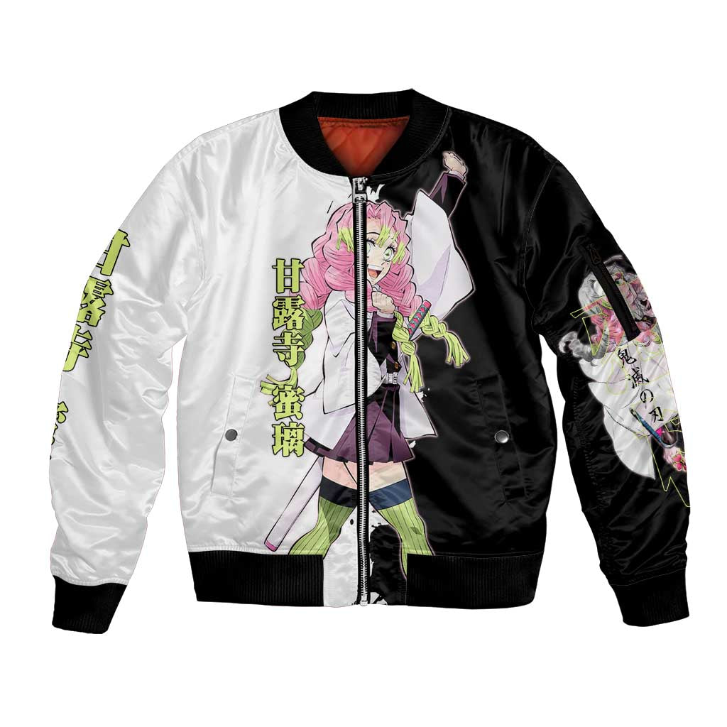 Mitsuri Kanroji from Demon Slayer Sleeve Zip Bomber Jacket with Black and White Split Background and Energetic Sword Pose Manga Style Design - The Mazicc