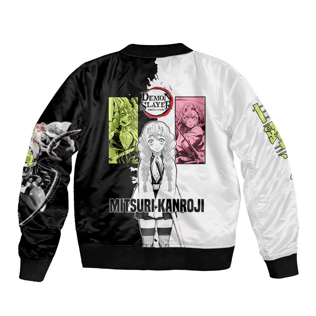 Mitsuri Kanroji from Demon Slayer Sleeve Zip Bomber Jacket with Black and White Split Background and Energetic Sword Pose Manga Style Design - The Mazicc