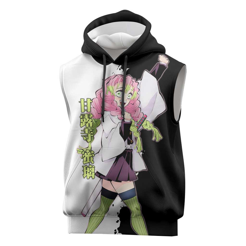 Mitsuri Kanroji from Demon Slayer Sleeveless Hoodie with Black and White Split Background and Energetic Sword Pose Manga Style Design - The Mazicc