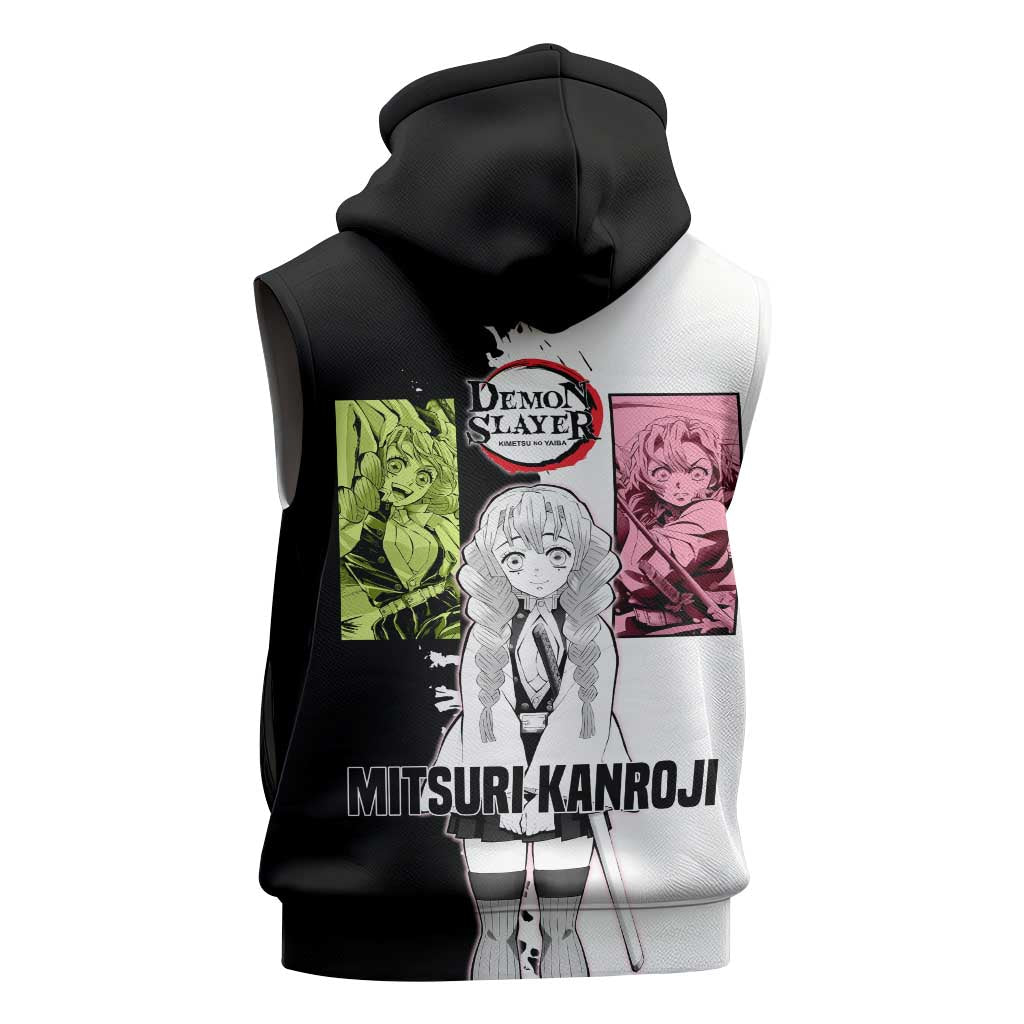 Mitsuri Kanroji from Demon Slayer Sleeveless Hoodie with Black and White Split Background and Energetic Sword Pose Manga Style Design - The Mazicc
