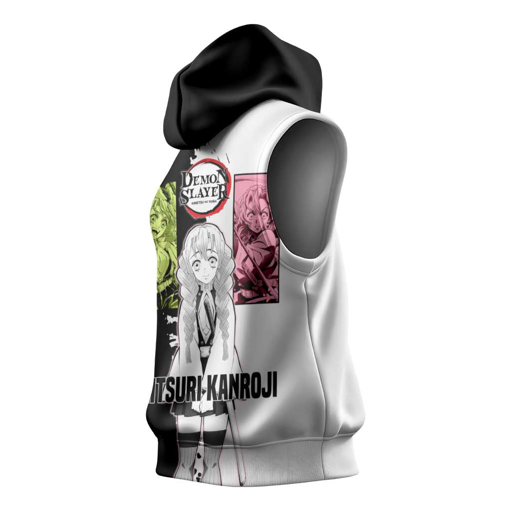 Mitsuri Kanroji from Demon Slayer Sleeveless Hoodie with Black and White Split Background and Energetic Sword Pose Manga Style Design - The Mazicc