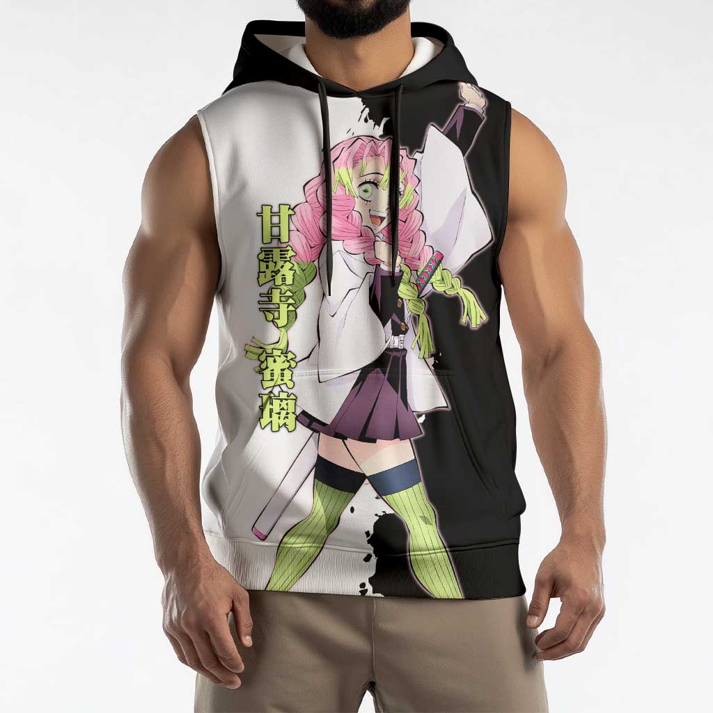 Mitsuri Kanroji from Demon Slayer Sleeveless Hoodie with Black and White Split Background and Energetic Sword Pose Manga Style Design - The Mazicc