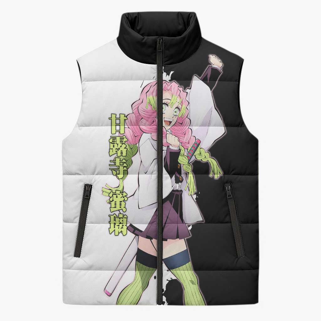 Mitsuri Kanroji from Demon Slayer Sleeveless Puffer Jacket with Black and White Split Background and Energetic Sword Pose Manga Style Design - The Mazicc
