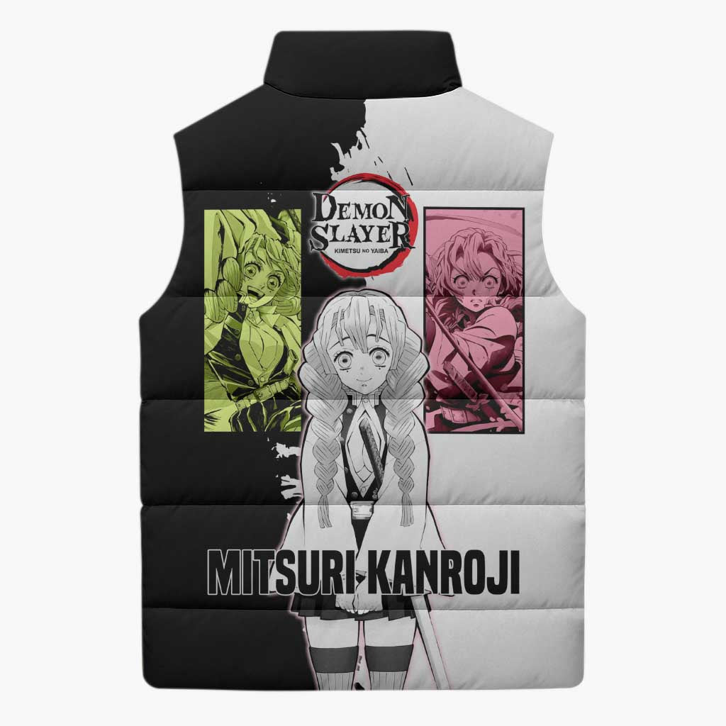 Mitsuri Kanroji from Demon Slayer Sleeveless Puffer Jacket with Black and White Split Background and Energetic Sword Pose Manga Style Design - The Mazicc