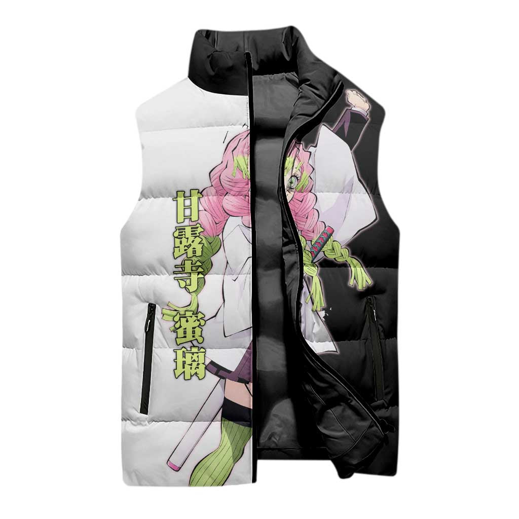 Mitsuri Kanroji from Demon Slayer Sleeveless Puffer Jacket with Black and White Split Background and Energetic Sword Pose Manga Style Design - The Mazicc