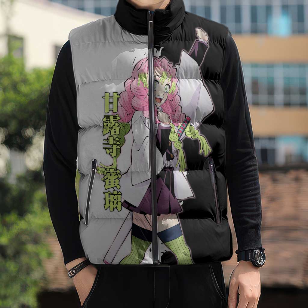 Mitsuri Kanroji from Demon Slayer Sleeveless Puffer Jacket with Black and White Split Background and Energetic Sword Pose Manga Style Design - The Mazicc