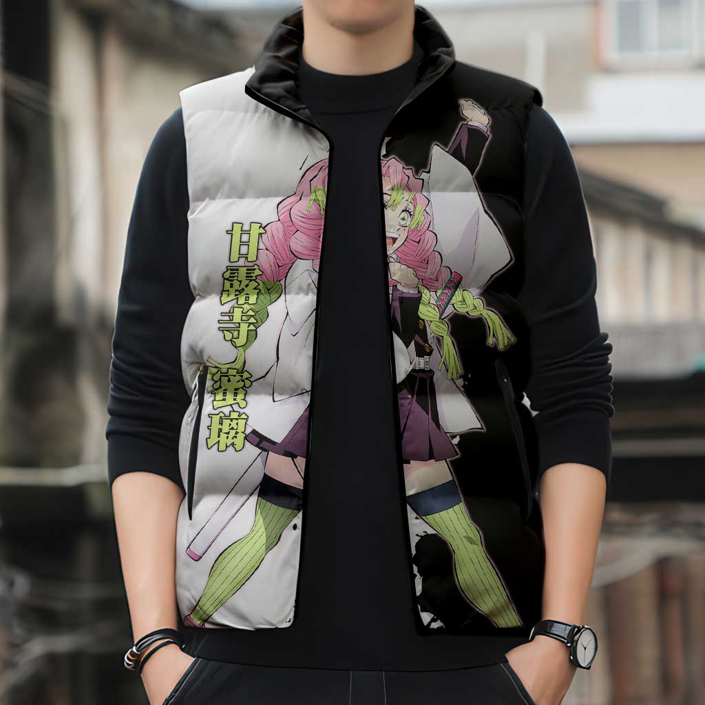 Mitsuri Kanroji from Demon Slayer Sleeveless Puffer Jacket with Black and White Split Background and Energetic Sword Pose Manga Style Design - The Mazicc