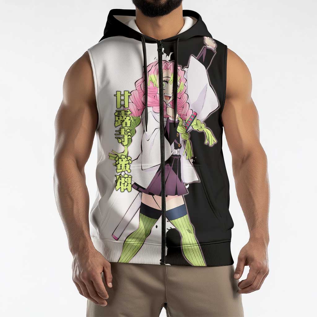 Mitsuri Kanroji from Demon Slayer Sleeveless Zip Hoodie with Black and White Split Background and Energetic Sword Pose Manga Style Design - The Mazicc
