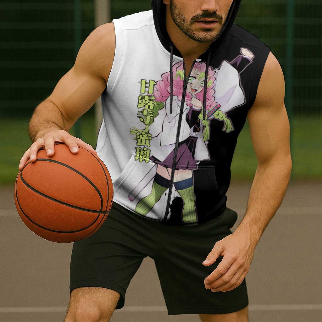 Mitsuri Kanroji from Demon Slayer Sleeveless Zip Hoodie with Black and White Split Background and Energetic Sword Pose Manga Style Design - The Mazicc