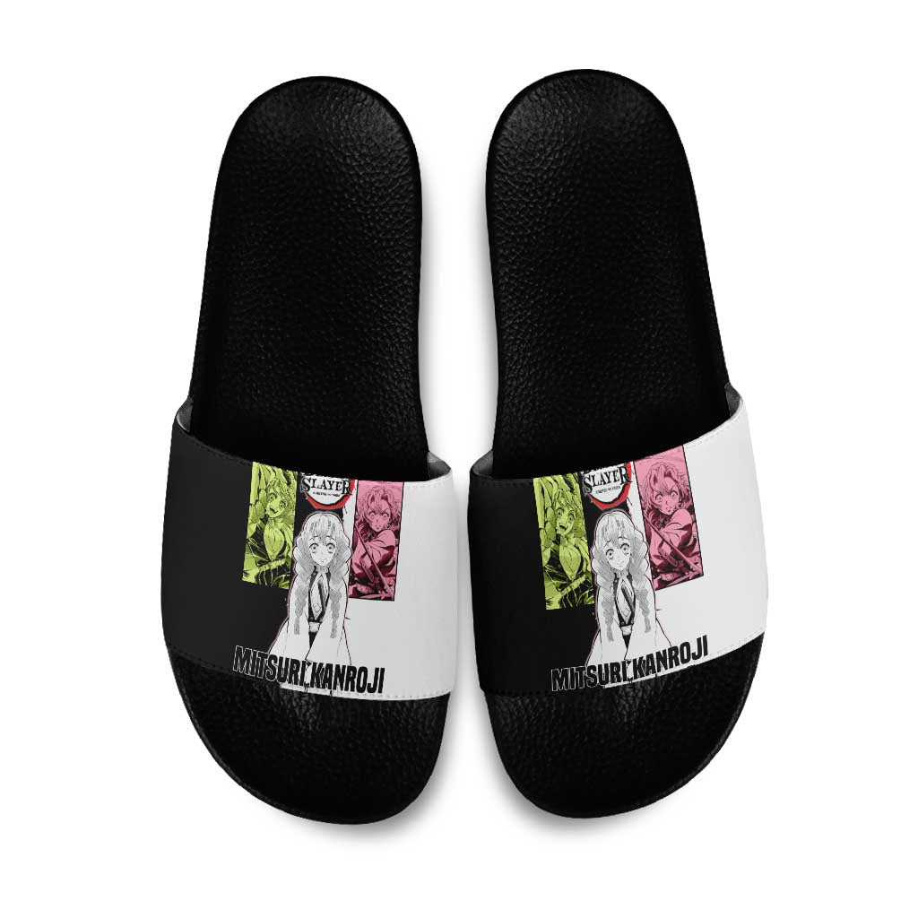 Mitsuri Kanroji from Demon Slayer Slide Sandals with Black and White Split Background and Energetic Sword Pose Manga Style Design - The Mazicc