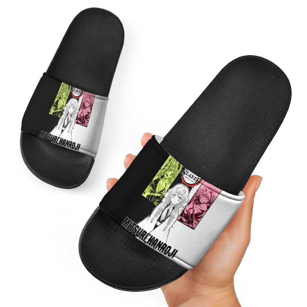 Mitsuri Kanroji from Demon Slayer Slide Sandals with Black and White Split Background and Energetic Sword Pose Manga Style Design - The Mazicc