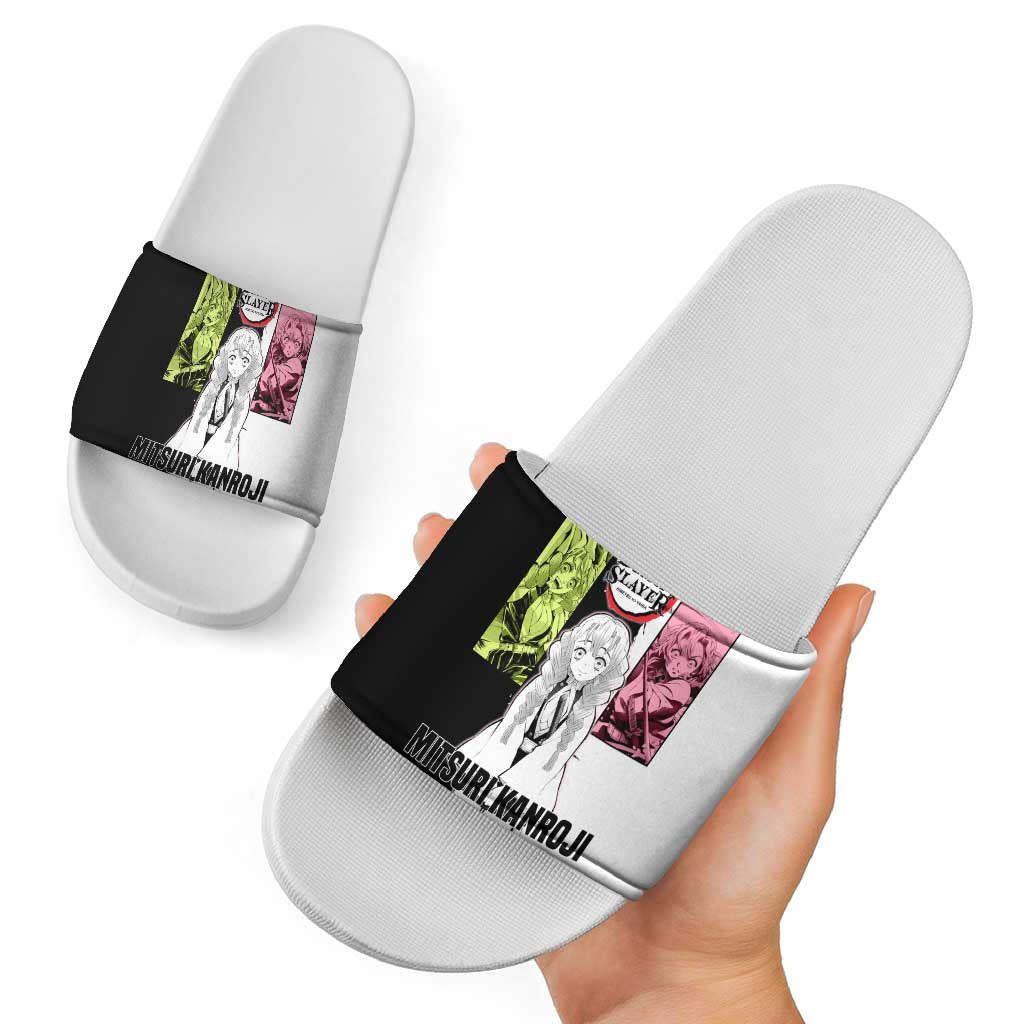 Mitsuri Kanroji from Demon Slayer Slide Sandals with Black and White Split Background and Energetic Sword Pose Manga Style Design - The Mazicc