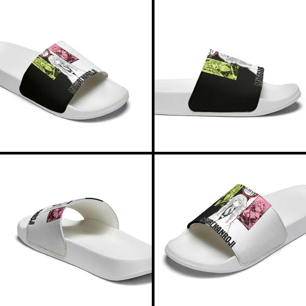 Mitsuri Kanroji from Demon Slayer Slide Sandals with Black and White Split Background and Energetic Sword Pose Manga Style Design - The Mazicc