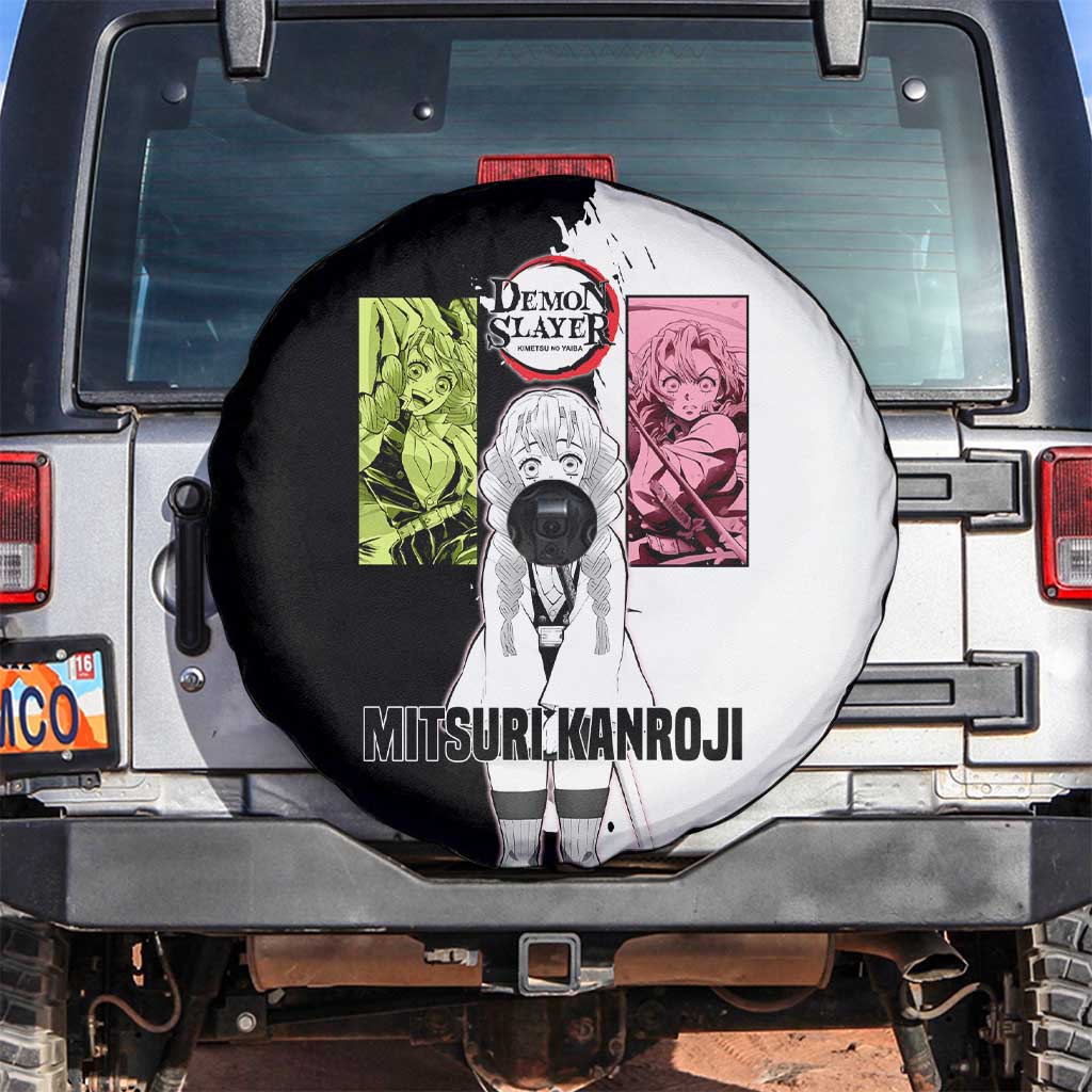 Mitsuri Kanroji from Demon Slayer Spare Tire Cover with Black and White Split Background and Energetic Sword Pose Manga Style Design - The Mazicc