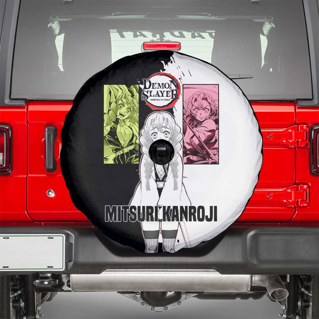 Mitsuri Kanroji from Demon Slayer Spare Tire Cover with Black and White Split Background and Energetic Sword Pose Manga Style Design - The Mazicc