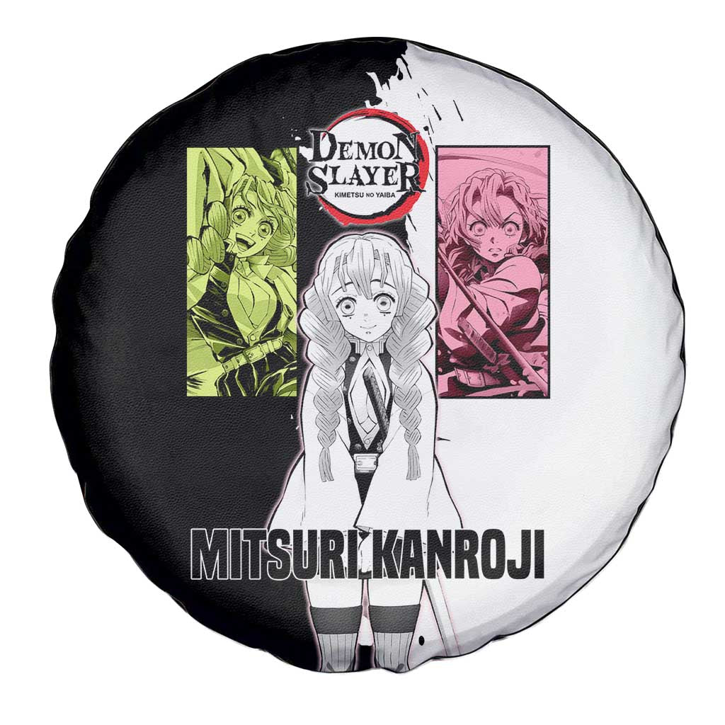 Mitsuri Kanroji from Demon Slayer Spare Tire Cover with Black and White Split Background and Energetic Sword Pose Manga Style Design - The Mazicc