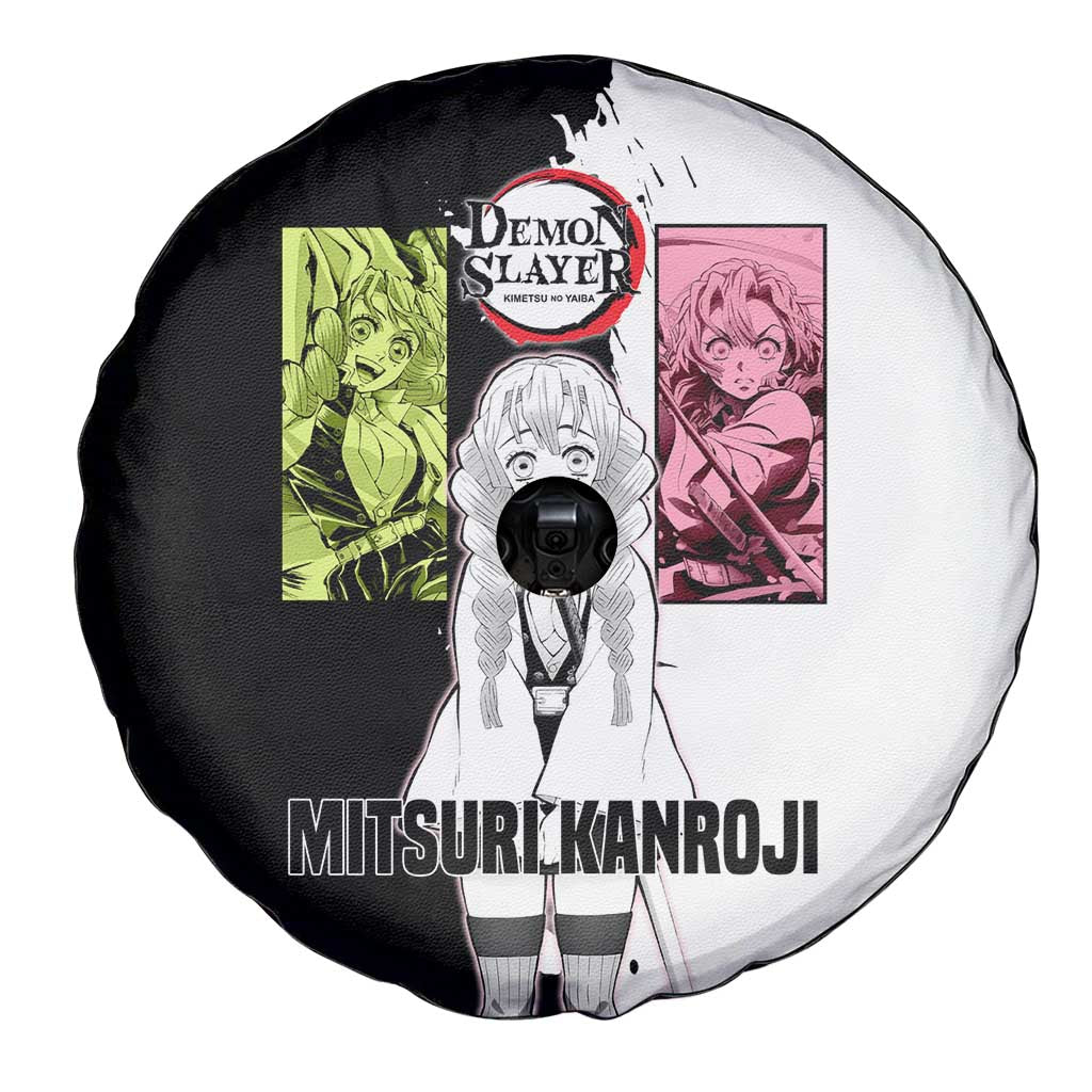 Mitsuri Kanroji from Demon Slayer Spare Tire Cover with Black and White Split Background and Energetic Sword Pose Manga Style Design - The Mazicc