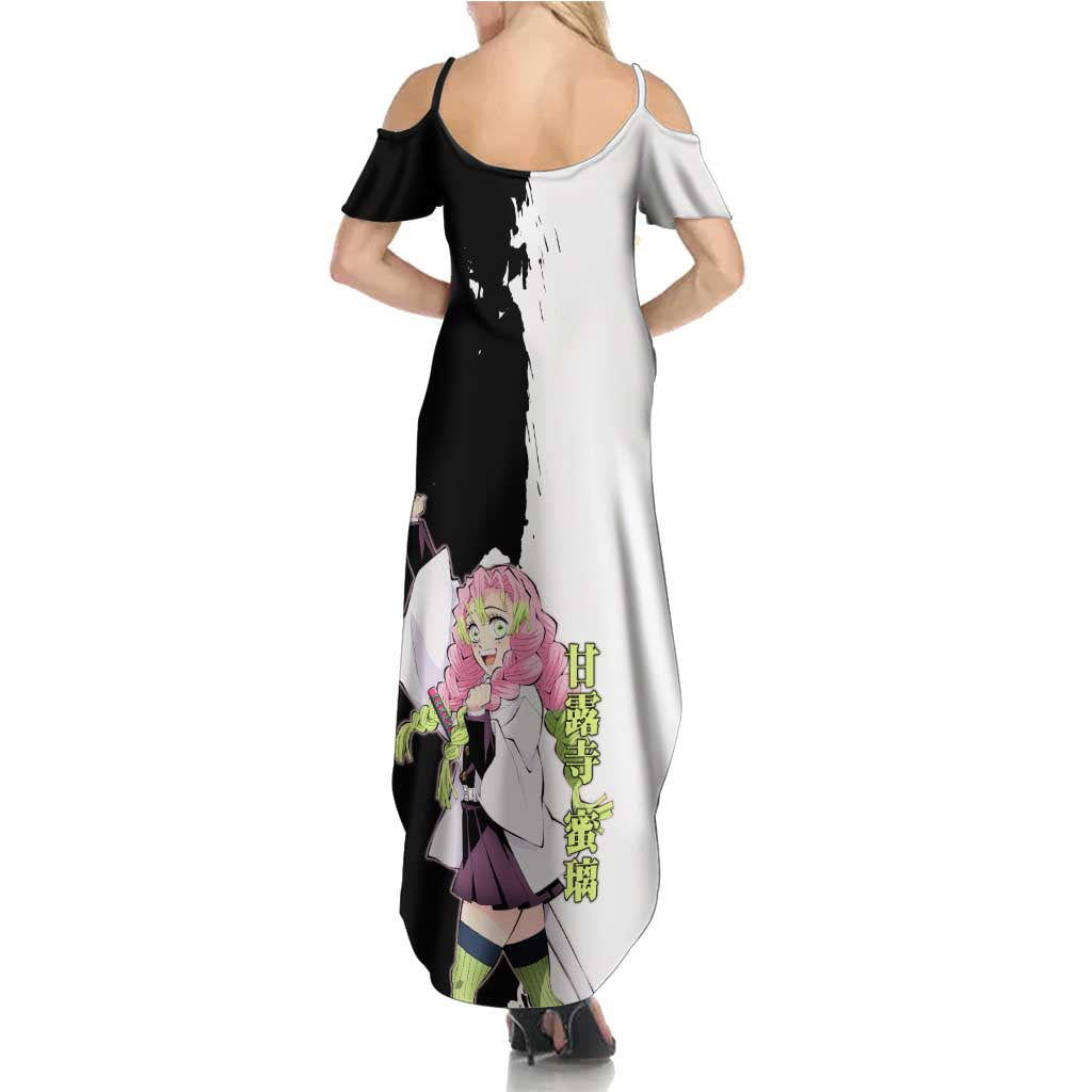 Mitsuri Kanroji from Demon Slayer Summer Maxi Dress with Black and White Split Background and Energetic Sword Pose Manga Style Design - The Mazicc