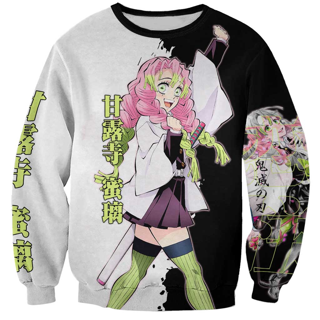 Mitsuri Kanroji from Demon Slayer Sweatshirt with Black and White Split Background and Energetic Sword Pose Manga Style Design - The Mazicc