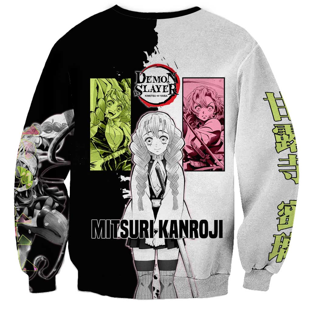 Mitsuri Kanroji from Demon Slayer Sweatshirt with Black and White Split Background and Energetic Sword Pose Manga Style Design - The Mazicc